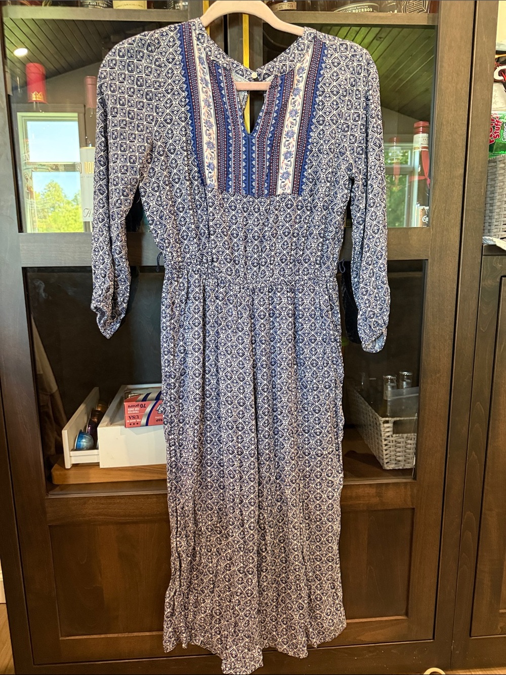 Old Navy Blue and White Printed Maxi Dress with Embroidered Yoke